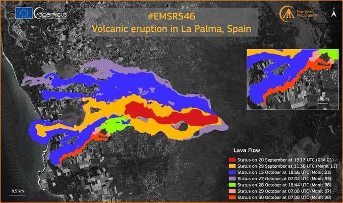 Copernicus actualiza el monitoreo en la zona del volcán, que afecta ya a 970 hectáreas y 2.562 edificaciones