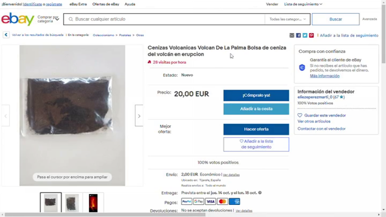 Ponen a la venta cenizas del volcán en varios portales de internet