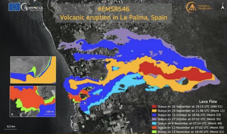 Copernicus actualiza el monitoreo en la zona del volcán, que afecta a 1.024 hectáreas y 2.618 edificaciones