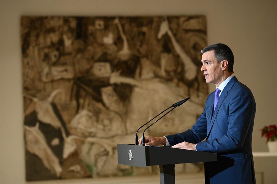 El presidente del Gobierno, Pedro Sánchez durante una declaración institucional para anunciar la remodelación del Gobierno en la Moncloa, Madrid este viernes. EFE/Moncloa/Borja Puig de la Bellacasa