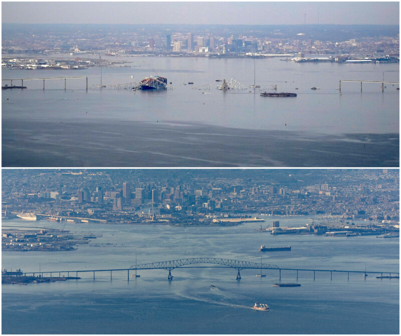Imagen combinada que muestra el carguero Dali que se estrelló contra el puente Francis Scott Key y provocó su colapso el 26 de marzo de 2024 (arriba) y un barco navegando bajo el puente Francis Scott Key, en Baltimore, Maryland, EE. UU., el 24 de marzo de 2024. REUTERS/Nathan Howard y Tom Brenner