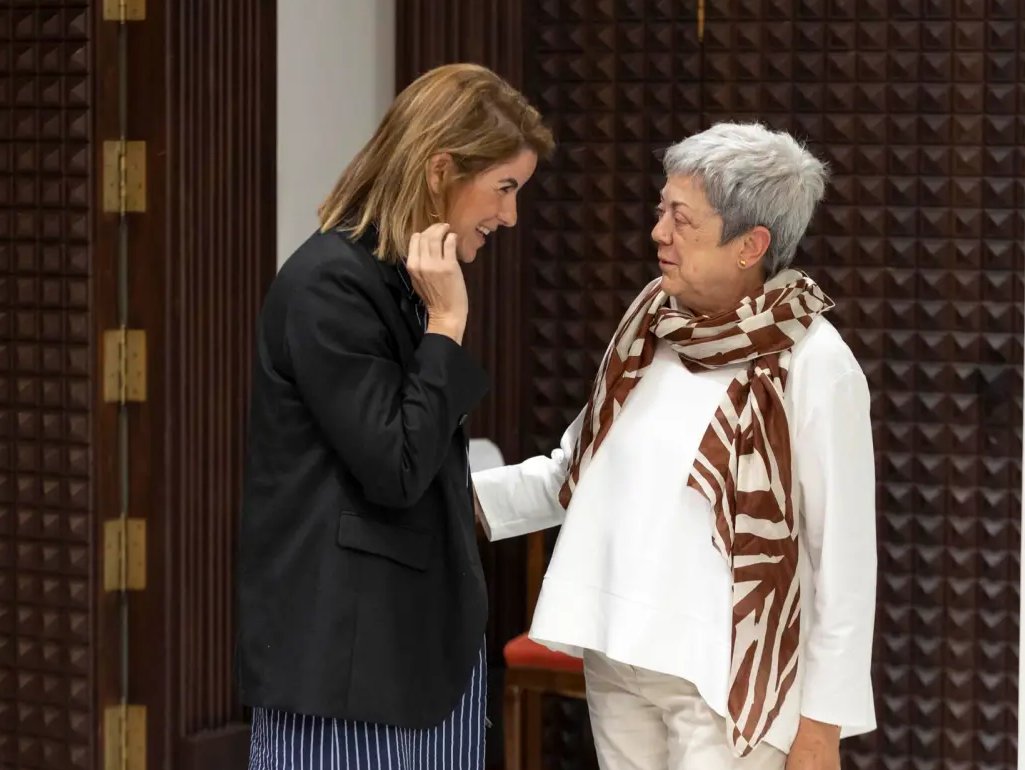 La arquitecta y urbanista Noemí Tejera Mujica (i) charla con la catedrática de Geografía Física de la Universidad de Las Palmas de Gran Canaria, Emma Pérez-Chacón Espino (d), antes de su comparecencia en la comisión del Parlamento de Canarias que estudia el reto demográfico. EFE/Miguel Barreto