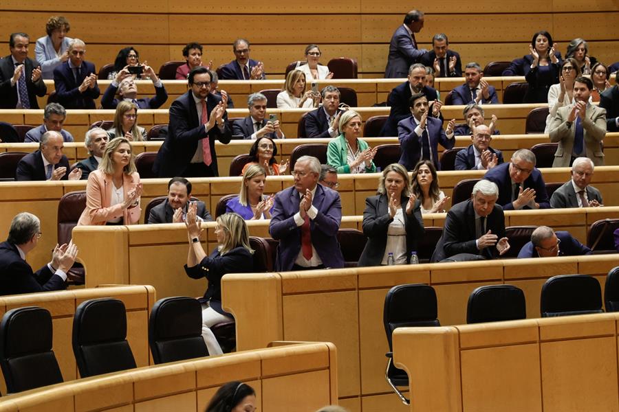 Los senadores populares aplauden tras la aprobación este martes el veto del PP a la proposición de ley de amnistía, que deberá volver al Congreso para recibir la luz verde definitiva y entrar en vigor, tras el pleno del Senado.