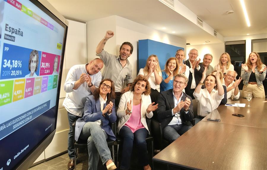 Fotografía publicada en la cuenta de la red social X de Alberto Núñez Feijóo, del momento en que se han hecho públicos los primeros resultados provisionales de las elecciones europeas que apuntan que el El PP gana las elecciones europeas con 22 escaños, dos por encima del PSOE. EFE/Perfil de Alberto Núñez Feijóo en la red social X