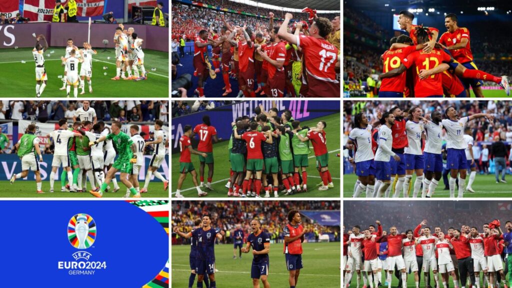 Selecciones clasificadas para los cuartos de final de la Eurocopa 2024. De izq. a dcha: Alemania, Suiza, España; Inglaterra, Portugal, Francia, Países Bajos y Turquía