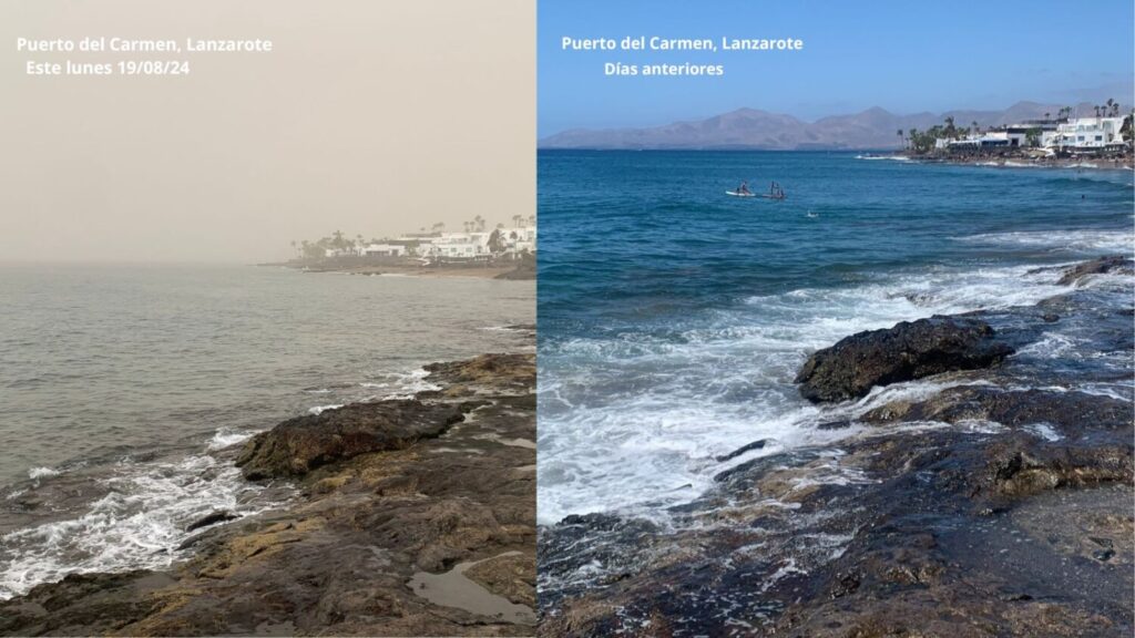 Lunes de altas temperaturas y posibles tormentas de verano en Canarias Imagen Comparativa de la calima en Puerto del Carmen, Lanzarote.