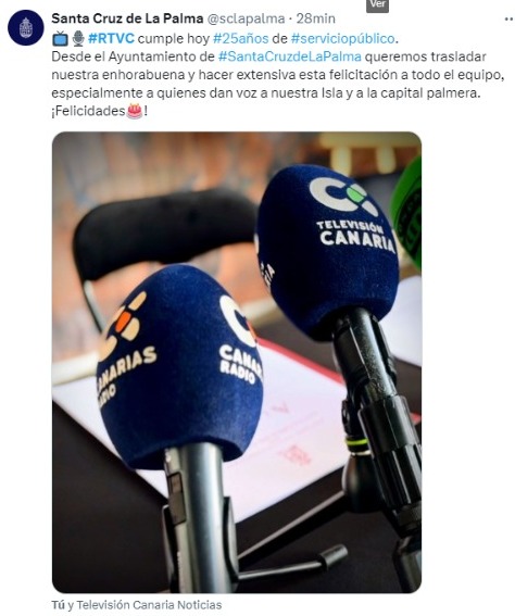 Felicitación del Ayuntamiento de Santa Cruz de La Palma a través de "X" por el 25 aniversario de Televisión Canaria