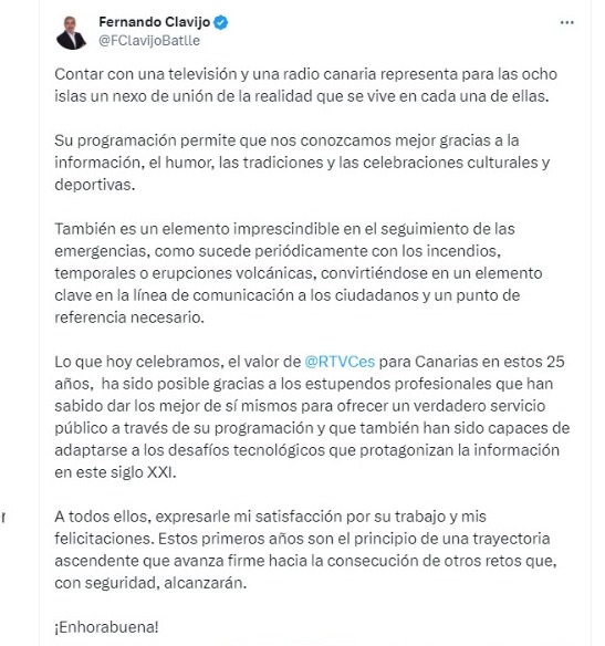 Felicitación de Fernando Clavijo a través de "X" por el 25 aniversario de Televisión Canaria
