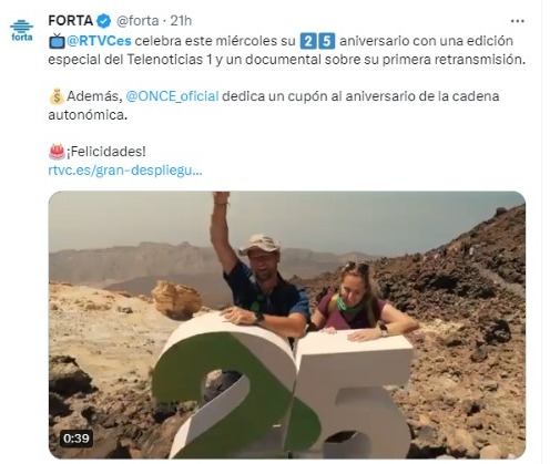 Felicitación de FORTA a través de "X" por el 25 aniversario de Televisión Canaria