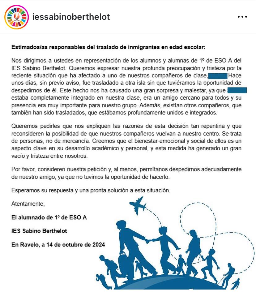 Carta de los alumnos del IES Sabino Berthelot en Tenerife que reclaman poder despedirse de un compañero, un menor migrante trasladado de isla