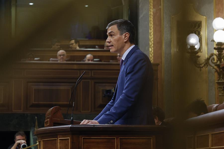 El presidente del Gobierno, Pedro Sánchez, durante su comparecencia este miércoles en el Congreso para informar de la gestión de la DANA. Imagen EFE