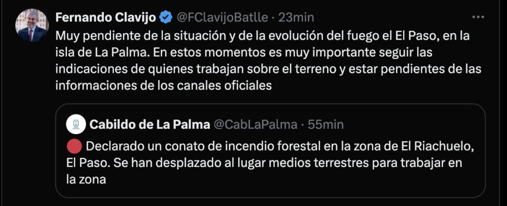 Mensaje de Fernando Clavijo, presidente de Canarias, siguiendo muy de cerca la evolución del incendio de La Palma