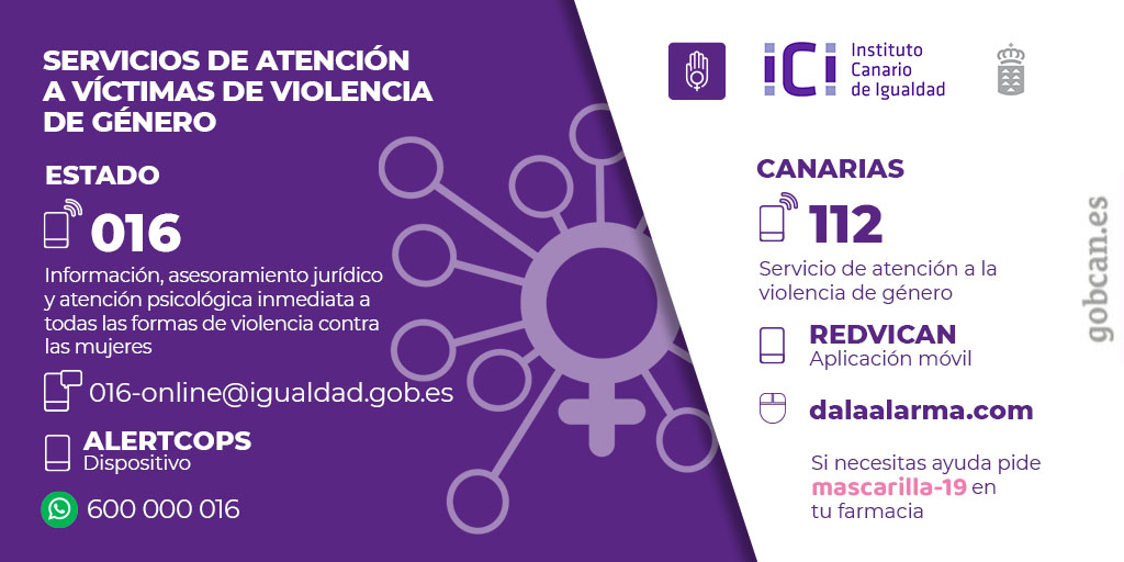 El ICI refuerza el servicio telefónico de atención a víctimas de violencia de género del 112. Cartel informativo del Servicio de Atención a Mujeres Víctimas de Violencia de Género/ Instituto Canario de Igualdad.