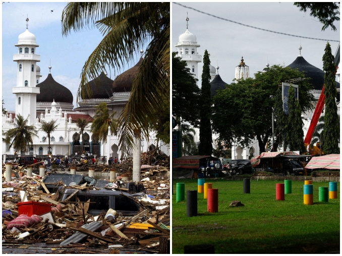Una imagen combinada muestra los daños frente a la mezquita de Baiturrahman causados por un tsunami, el 27 de diciembre de 2004 (izquierda), y un parque frente a la misma mezquita, el 22 de diciembre de 2024 (derecha), en Banda Aceh, Indonesia. REUTERS/Beawiharta/Willy Kurniawan