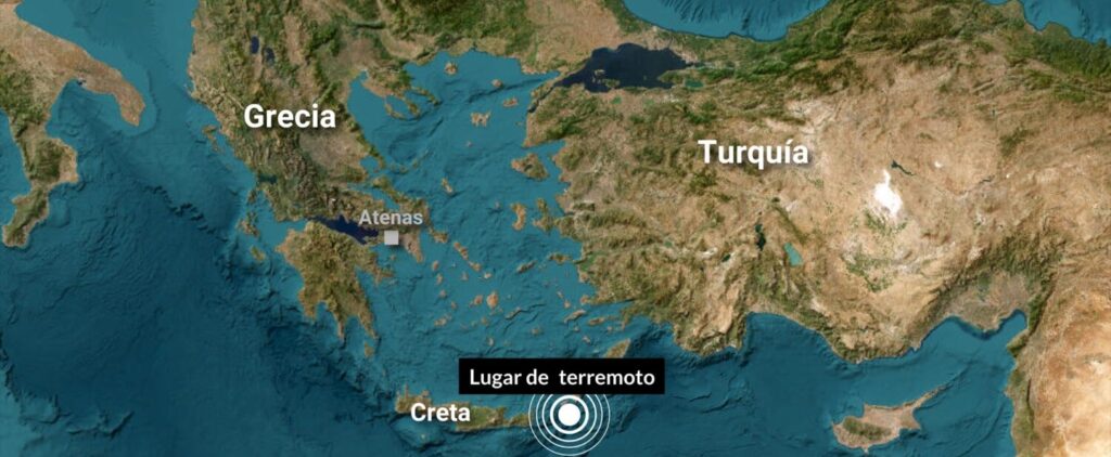 Mapa con lugar del anterior del terremoto anterior al de Creta en Grecia, de magnitud 6,1, el pasado 14 de mayo.