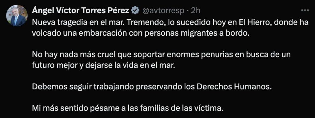 Mensaje publicado por el ministro Ángel Víctor Torres en X