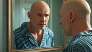 Hombre con alopecia se mira en el espejo