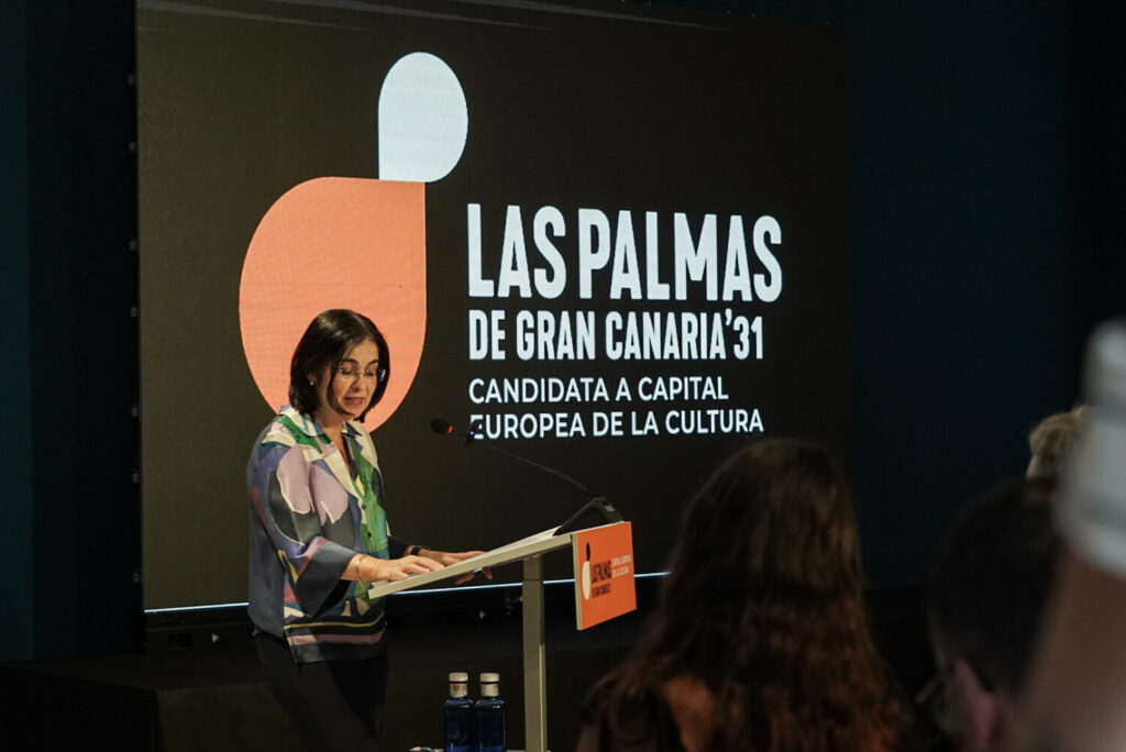 La alcaldesa de Las Palmas de Gran Canaria, Carolina Darias, durante su intervención en la presentación oficial de la página web de la candidatura LPGC’31 a Capital Europea de la Cultura 2031, celebrada en el Museo Castillo de Mata.
