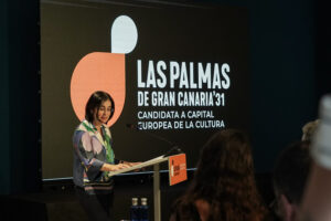 La alcaldesa de Las Palmas de Gran Canaria, Carolina Darias, durante su intervención en la presentación oficial de la página web de la candidatura LPGC’31 a Capital Europea de la Cultura 2031, celebrada en el Museo Castillo de Mata.