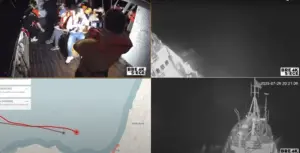 Captura de video cedido por la Coalición Flotilla de la Libertad del interior y exterior del barco Handala ubicado a cuarenta millas náuticas de la costa de Gaza en aguas internacionales. EFE/ Coalición Flotilla de la Libertad