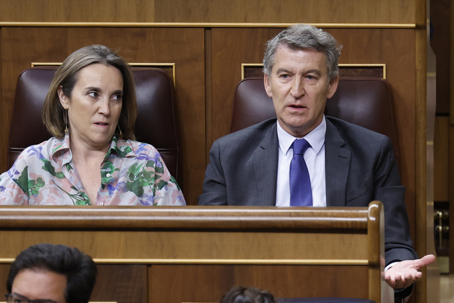 La diputada del PP, Cuca Gamarra, y el líder popular Alberto Nuñez Feijóo, en el Congreso de los Diputados. EFE/Chema Moya