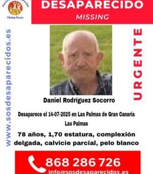 La Asociación Sosdesparecidos activa una alerta por la desaparición de Daniel Rodríguez Socorro el 14 de julio en Las Palmas de Gran Canaria