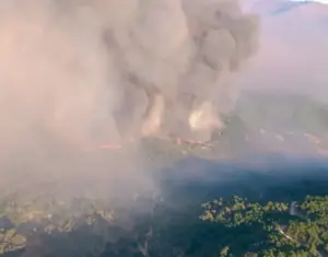 Un total de 250 profesionales de distintas administraciones luchan por tierra y por aire contra las llamas del incendio que se declaró anoche en el Barranco de las Cinco Villas (Ávila). EFE/ INFOCAL