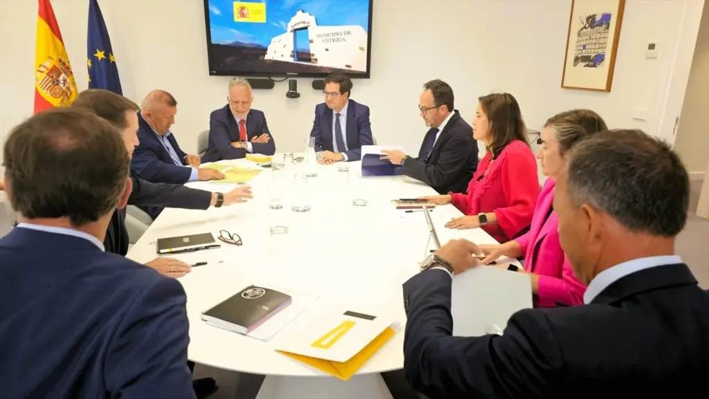 Logran un acuerdo para reubicar la antena de telecomunicación en Antigua. Imagen de la reunión celebrada este miércoles en Madrid. EP.