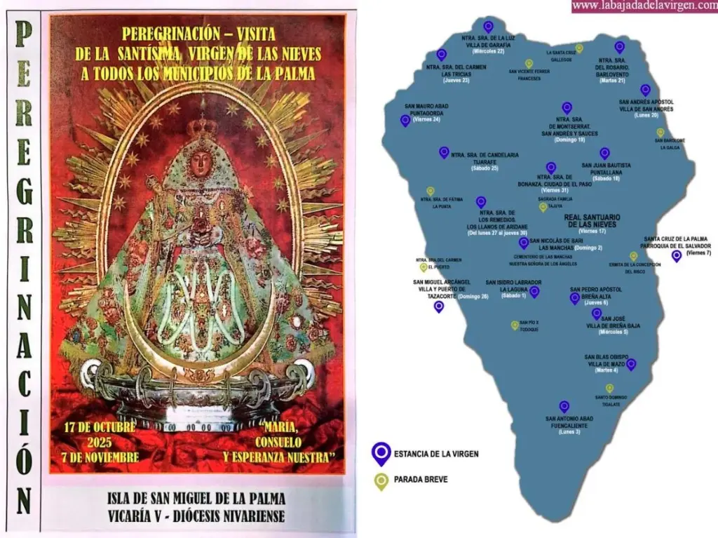 Cartel y recorrido de la peregrinación de la Virgen de las Nieves en año lustral por los 14 municipios