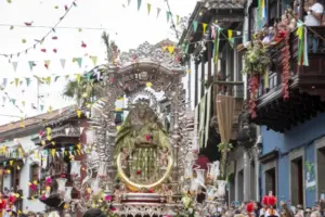 Imagen de la 'Petalada', la tradicional lluvia de pétalos que recibe la Virgen del Pino en el homenaje en Teror en su día grande