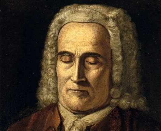 Retrato mortuorio del comerciante Matías Rodríguez Carta. Viste como civil, a la moda de la época, con pañuelo al cuello y peluca larga.