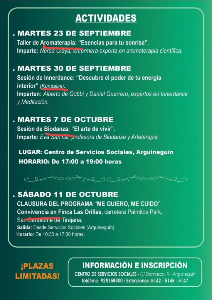 Cartel de las actividades financiadas con fondos del Pacto de Estado contra la violencia de genero del Ayuntamiento de Mogán