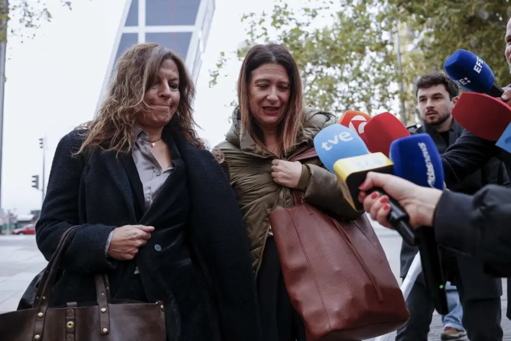 MADRID, 17/11/2025.- Leire Díez (c), exmilitante del PSOE, a las puertas de los Juzgados de Plaza de Castilla este lunes donde está cita a declarar ante el juez Arturo Zamarriego, que la investiga por presuntamente maniobrar en contra de mandos de la Guardia Civil y la Fiscalía. EFE/ Daniel González
