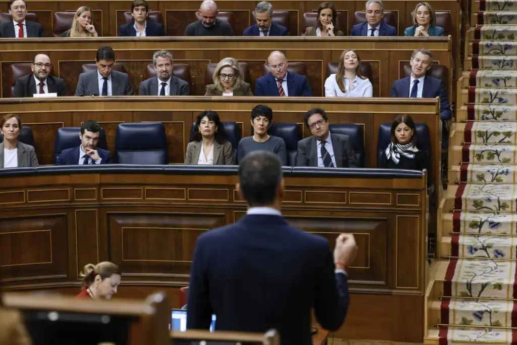 El presidente del Gobierno Pedro Sánchez (de espaldas) se dirige al líder del PP, Alberto Núñez Feijóo (d) durante la sesión de control en el Congreso, este miércoles. EFE JJ. Guillén