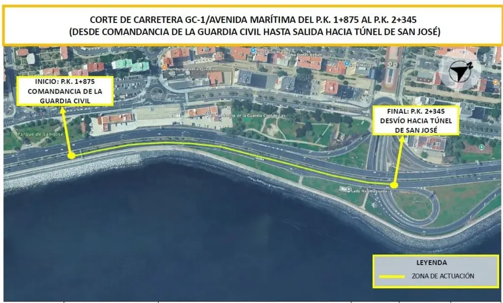 El Cabildo de Gran Canaria asfalta a partir de este martes parte de la Avenida Marítima de Las Palmas de Gran Canaria. Plano del lugar donde está reasfaltando el Cabildo de Gran Canaria.