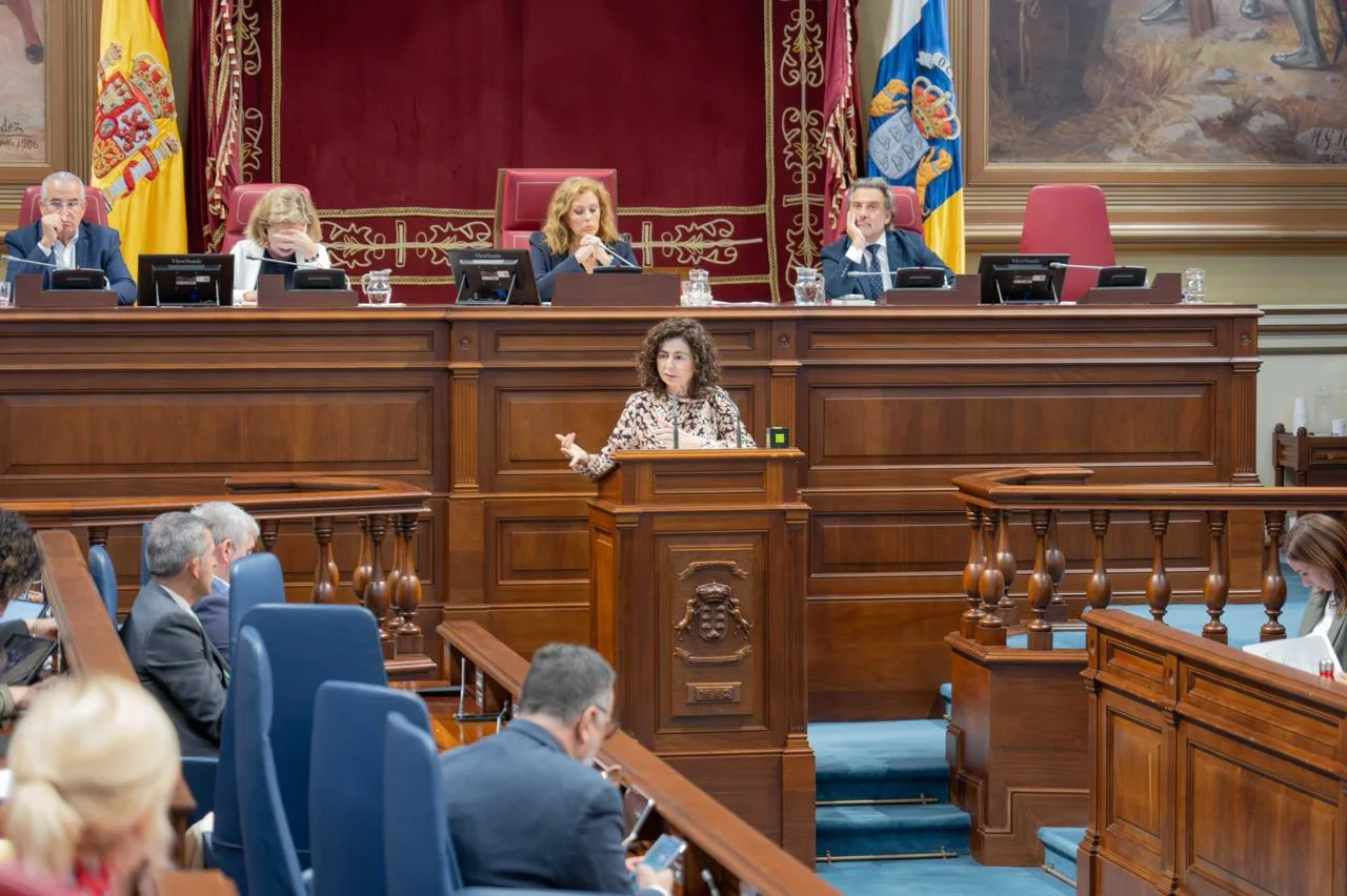 Matilde Asián, consejera de Hacienda y Relaciones con la UE en el pleno del Parlamento de Canarias este miércoles, 26 de noviembre de 2025. Imagen Gobierno de Canarias