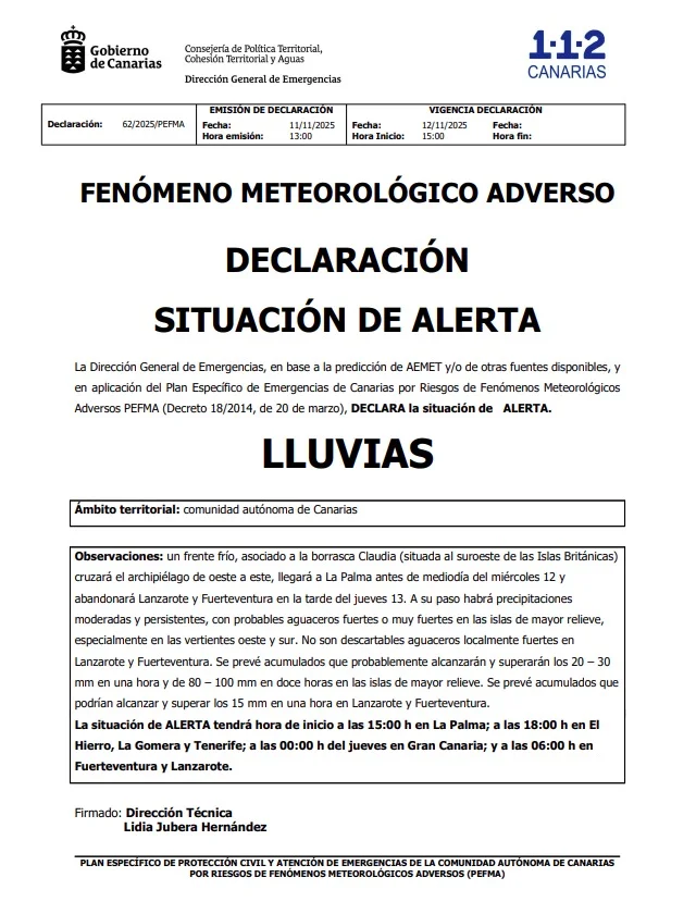 Alerta lluvias Canarias Gobierno de Canarias