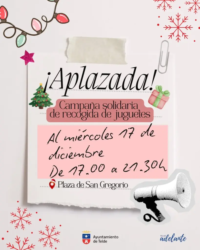 Cartel de aplazamiento de la recogida de juguetes en Telde por la Borrasca Emilia
