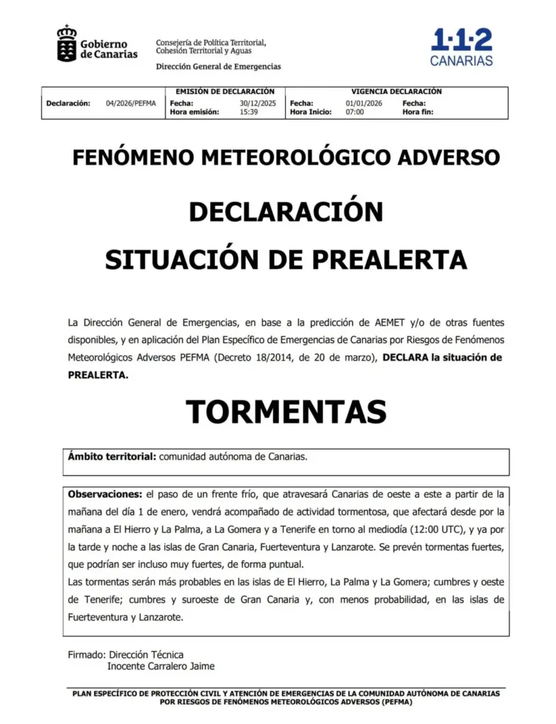 Alerta por tormentas de Canarias 1 de enero 2025