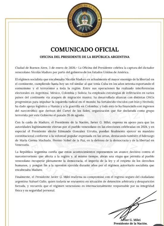 Comunicado en X de Argentina sobre el ataque de Trump a Venezuela