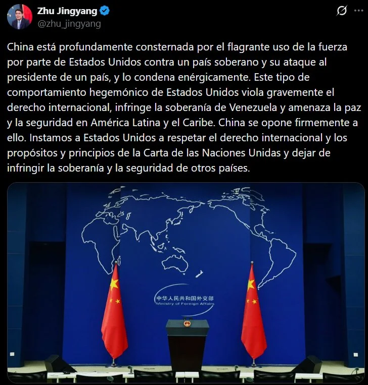 Declaraciones en la cuenta de X del embajador de China en Colombia sobre la condena del país asiático al ataque de EEUU a Venezuela