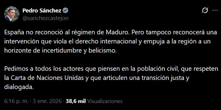 Sánchez no apoya la intervención de Trump en Venezuela
