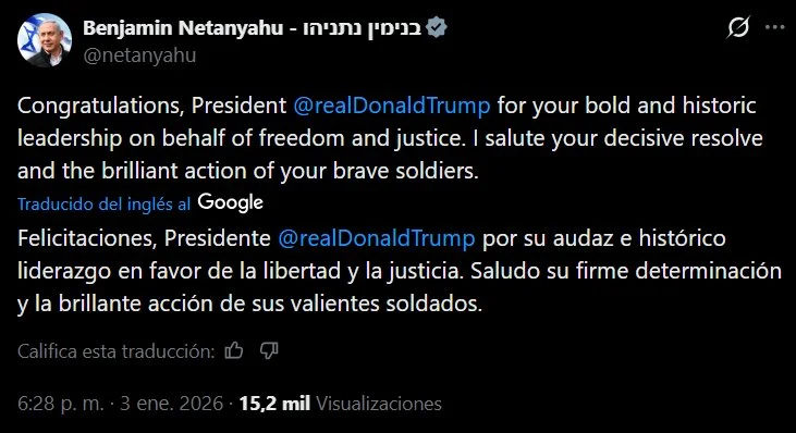 Netanyahu felicita a Trump "por su valiente liderazgo" en operación militar en Venezuela