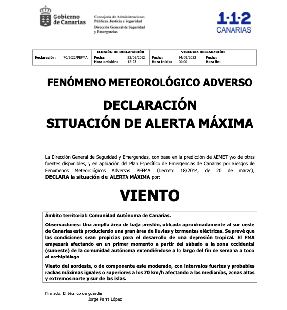 Declaración de alerta máxima por viento