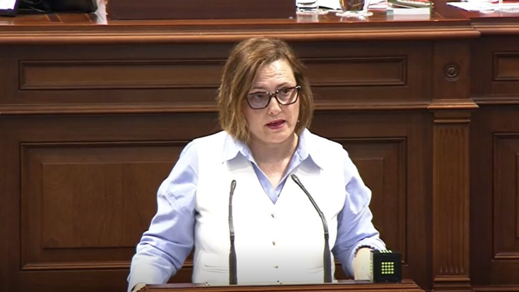 Candelaria Delgado, Consejera de Bienestar Social, Igualdad, Juventud, Infancia y Familias del Gobierno de Canarias durante una intervención en un pleno del Parlamento de Canarias