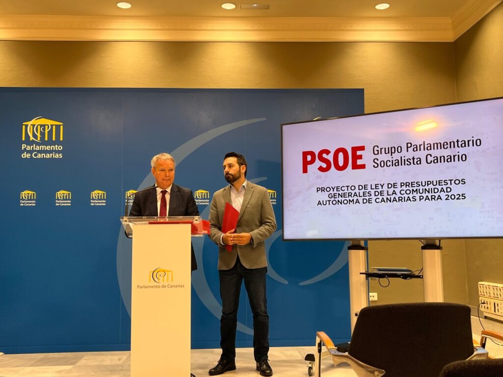 El portavoz del Grupo Parlamentario Socialista, Sebastián Franquis, y el responsable de Hacienda, Manuel Hernández, durante una rueda de prensa/PSOE Canarias