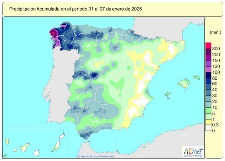 A nivel de España, las lluvias acumuladas desde octubre se cifran en 222 litros por metro cuadrado